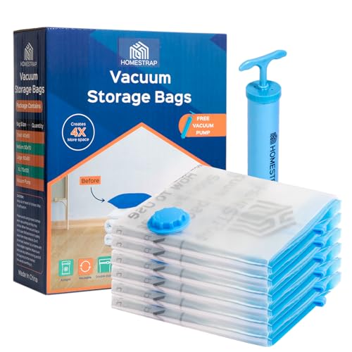 Homestrap Pack of 6 Vacuum Storage Bags with Pump (6XL)| Airtight and Reusable Space Saver Double Ziplock Bags with Vacuum Pump|Creates 4X More Space for Clothes/Blankets