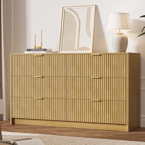 Image of MAISONARIA 6 Drawer Dresser for Bedroom, 55 inch Wide Modern Chest of Drawers with Gold Metal Handles, Fluted Wood TV Stand for Living Room, Hallway, Natural