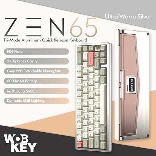 Image of KEEBMONKEY WOBKEY Zen 65 65% Quick Release Wireless Mechanical Keyboard with RGB, CNC Aluminum Case, Hot-Swappable, VIA Support, BT /2.4G /USB-C Gaming Keyboard for Mac /Windows (Ultra Warm Silver)