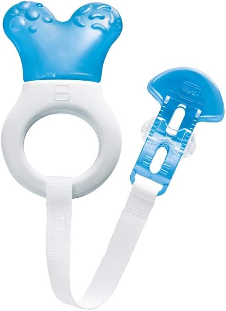 MAM Mini Cooler & Clip, Cooling Component Comforts Teething Babies, Sensitive Gums Massaged by Baby Ring, Long Range Reaches All Baby Teeth, Suitable for 0-3 Years, Blue