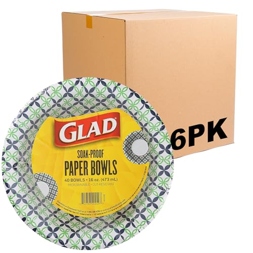 Glad Round Disposable Paper Bowls, Happy Daisies Design - Heavy Duty, Soak Proof, Cut-Resistant, Microwavable Bowl for All Foods & Daily Use, 16 Oz, 40 Count - 6 Pack