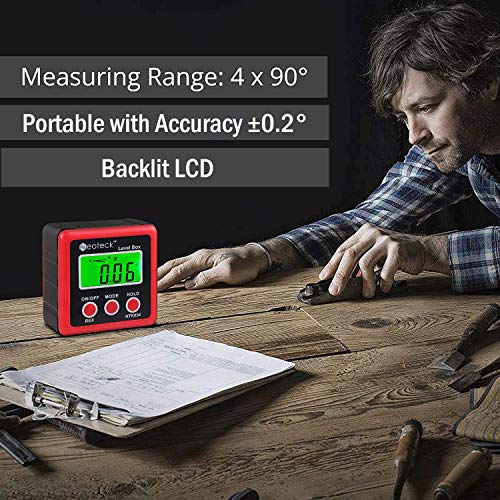 Image of Neoteck Digital Angle Finder, Backlight LCD Digital Angle Gauge Protractor Inclinometer Bevel Box, Magnetic Base, Data Hold, IP54 Dust and Water Resistant- Red