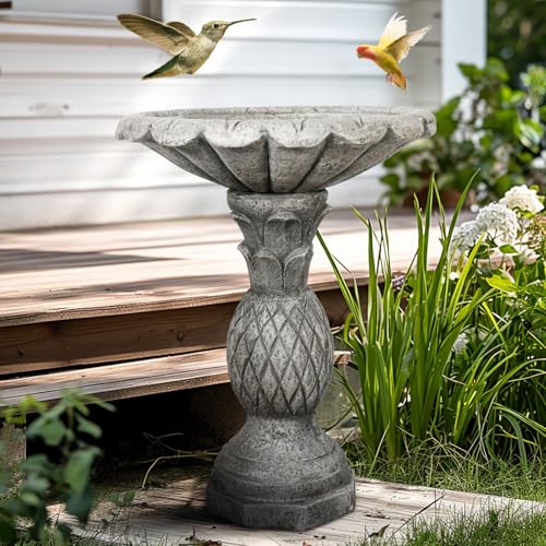 Image of SunJet 24.8 Inch Heigh Concrete Bird Bath with Pineapple Texture - birdbath Sturdy & Elegant Design, Vintage Freestanding Style, Attracts Birds and Enhances Garden, Patio, Yard, Lawn Decor