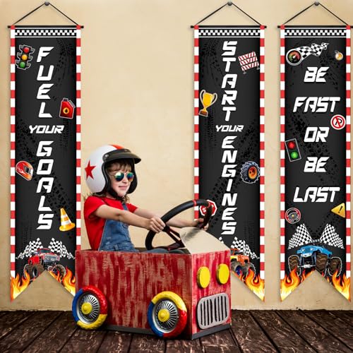 Image of Chiisong 3 Pcs Race Car Party Banners Racing Fans Birthday Decor Monster Truck Hanging Porch Sign Truck Fuel Can Checkered Flag for Car Theme Birthday Party Supplies Inspirational Classroom Decoration