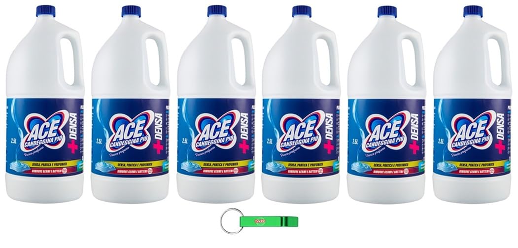 6 candeggina ACE Candeggina Più + DENSA Fresco Profumo – Detergente sbiancante per superfici e bucato 2,5 litri + portachiavi Beni Culinari gratuito