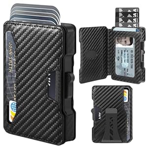 Wallet for Men, RFID Blocking Slim Mens Wallet with Money Clip, Minimalist Pop Up Card Case, ID Window, 10+Cards Capacity, Bifold Leather Front Pocket Wallet with Gift Box (Black-Carbon Fiber)