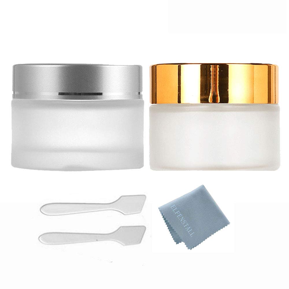 ELFENSTALL - 2Pcs Gold Silver Empty 50g 50ml Cream Bottle Frosted Glass Eye Cream Face Cream Foundation Ointment Loose Powder Eyeshadow Lotion Jar Container + Clean Cloth + Free Cream Mask Spatula