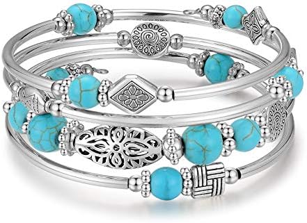 BULINLIN Layered Wrap Bangle Turquoise Bracelet - Bead Bracelet with Natural Agate Stone, Gifts For Women (01-Turquoise)