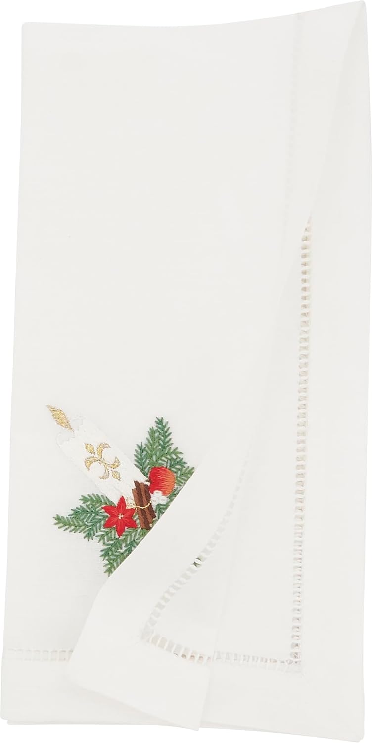 Handmade Festive Candle Embroidery Napkin with Hemstitched Border (Set of 6)