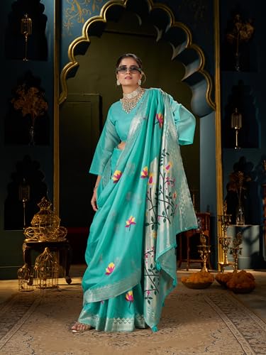 Image of MADHUHANSH Women's Cotton Linen Saree with Unstitched Blouse Piece and Floral Printed Pattern | Women Saree for Special Occasion | Stylish Modern Sarees