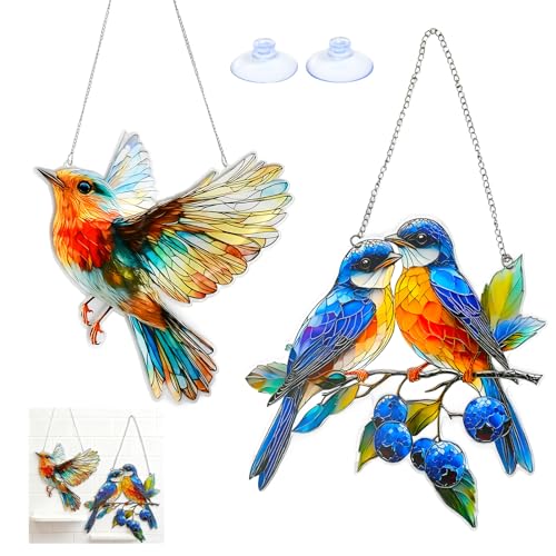 Rieoany Décorations de Fenêtre Suspendues, 2 Attrape-Soleil, Suspensions Oiseaux, Pare-Soleil en Vitrail (Grand, Petit)