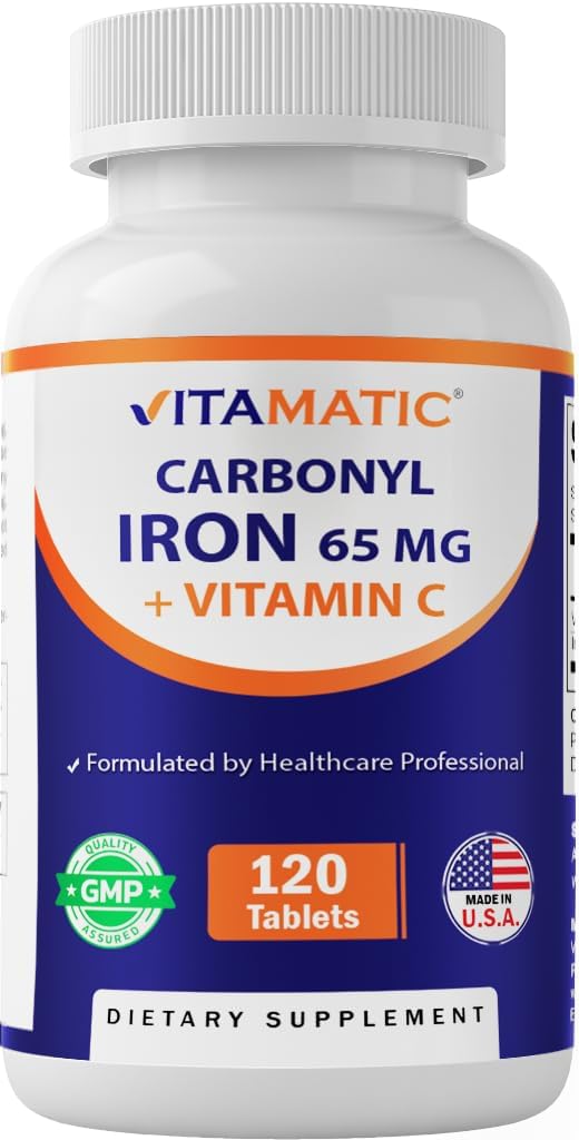 Vitamatic Carbonyl Iron 65 mg with Vitamin C – Gentle Iron Supplement for Energy & Immune Support – High Absorption – 120 Tablets