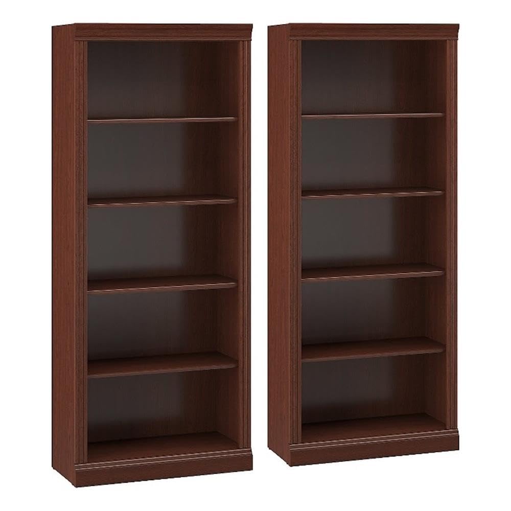 Pemberly Row Tall 5 Shelf Bookcase Set of 2, 30W x 13D x 72H, Engineered Wood, Harvest Cherry Finish, Adjustable Shelves, Decorative Detailing, Home