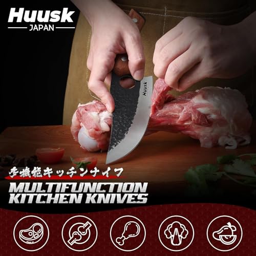 Image of Huusk Butcher Knife Set of 3 - Full Tang Meat Cleaver Knife Set for Meat Processing, Hand Forged Viking Knives Sets with Bone Axe, Heavy-Duty Kitchen Knives Sets for Outdoor BBQ Cooking, Gifts for Men