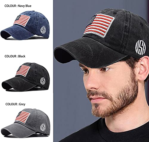 Izus Washed Baseball-Hats American-Flag Distressed - 100% Distressed Cotton Dad Hat Embroiderred For Unisex (Black) #TOP2