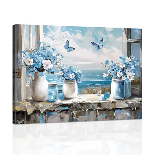 Oceano Blu Finestra Vista Canvas Quadri Moderni Con Cornice Fiori Blu Nel Vaso Stampe Da Parete Rilassante Paesaggio Marino Stampa Su Tela Quadro Decorazioni per Soggiorno Bagno Camera da Letto 30x40