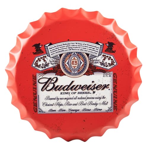 Image of EAZYWAGON Decorative Metal Bottle Caps Wall Sign Plates - 14X14 Inches - Beer Brand Sign Bud Red | Metal Wall Hanging Bottle Cap for Home, Farmhouse, Bar & Cafe | Vintage & Retro Look Plaques