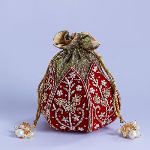Image of THE TAN CLAN Pushp Zardozi Embroidered Mini Lotus Potli Bag - Handcrafted Silk Pouch with Intricate Zardozi & Lotus Design for Weddings, Bridal Accessories, and Special Occasions