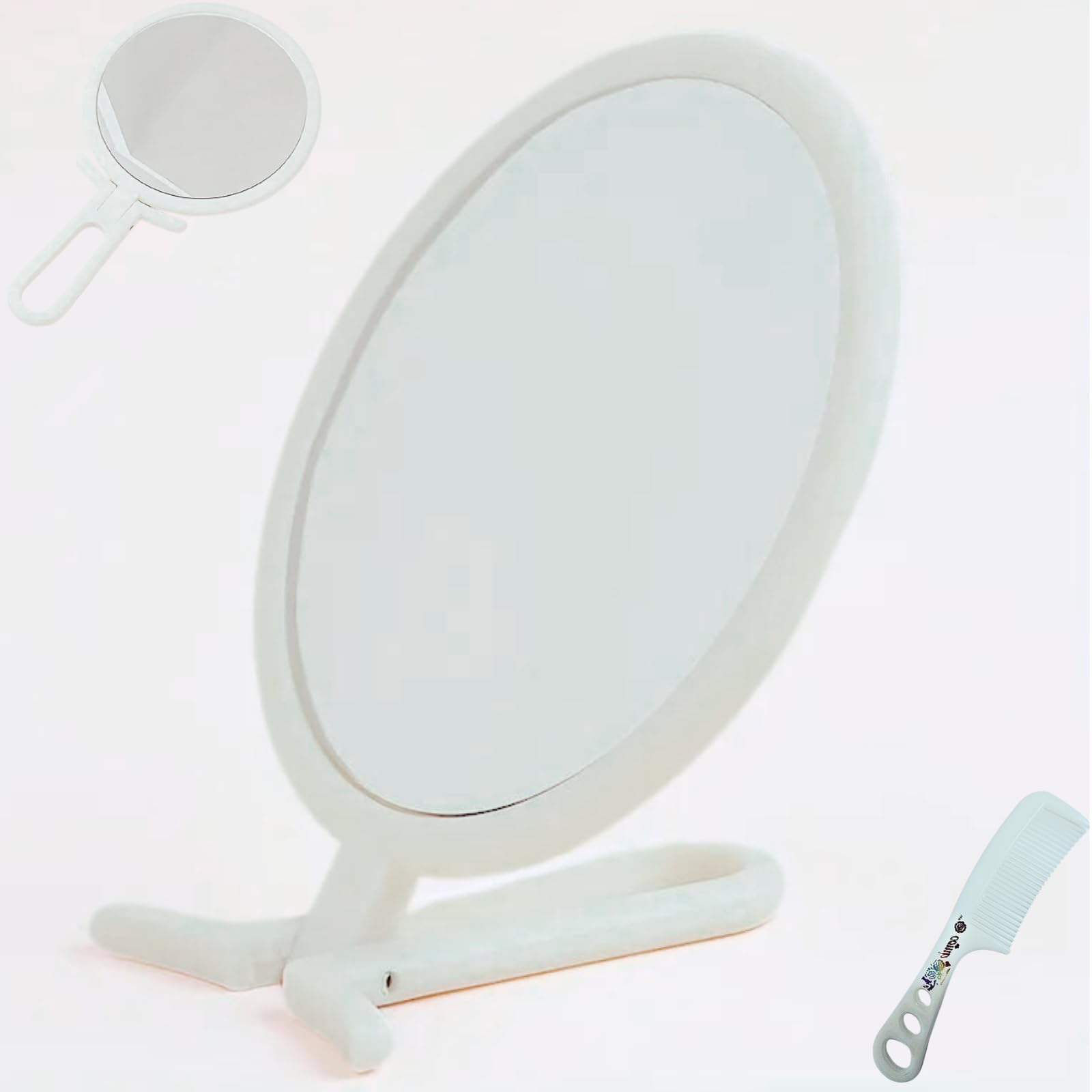 Espejo de Mano con Mango Plegable Incluye Peine Ideal para Maquillarse peinarse y para el Cuidado de la Piel pequeño y portatil para Viajar