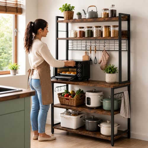 Image of 5-Tier Kitchen Organizer Rack-Multipurpose Microwave Stand for Kitchen Platform & OTG Oven-Steel Utensils Storage Shelf with Hooks - Engineered Wood & Metal Rack for Home- 100x40x170 cm - Rustic Brown
