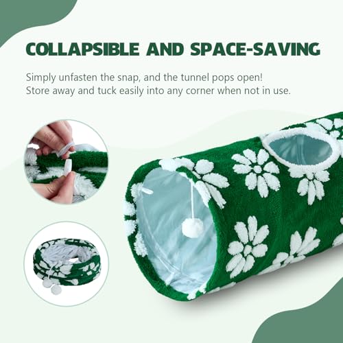 Image of Straight Cat Tunnel for Indoor Cats 47 inchx12 inch, Cute Cat Toys Collapsible Tunnel Tube with Balls for Puppy Kitten Rabbit, Green Flower