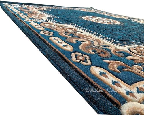 Image of Soft Thick Geometric Acrylic Washable Anti Skid Carpet. for Living Room Bedroom. Hall Size 7 x 10 feet (150X210 Cm) Blue D9