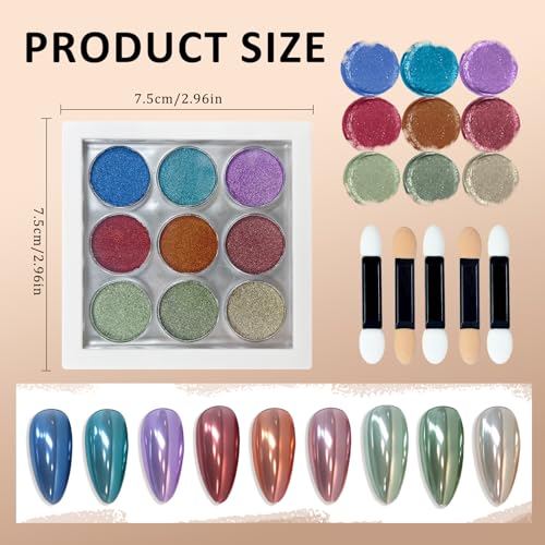 Image of 9 Colors Chrome Nail Powder Palette, Blue Red Purple Green Metallic Mirror Holographic Chrome Powder for Nails, Fine Glitter Nail Art Decoration for Home DIY Salon Manicure Pigment, B