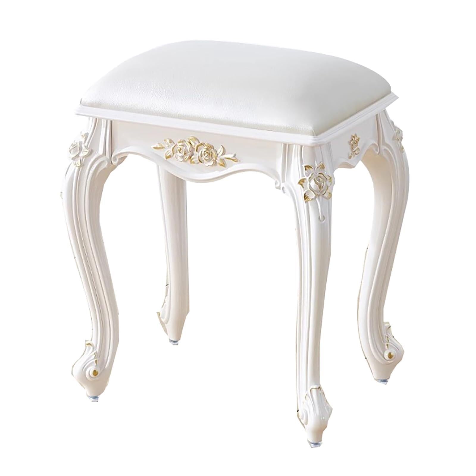 Eleganter, weißer Leder-Bank, stilvoll, gepolsterter Make-up-Hocker, schicker Ankleidestuhl für Schlafzimmer und Wohnzimmer, modernes geschnitztes Design, perfekte Wohnmöbel für Make-up und