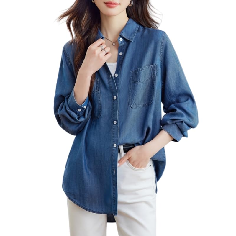 Chemise denim tencel coupe ample anti-froissage pour femme active