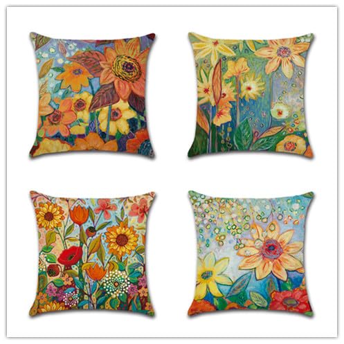 BAOKU Set of 4 Summer Decorations Cushion Covers Linen Pillow Case Plants Leaf Cushion Covers Sunflower Cushion Cover Decorative,18x18 inch Summer Pillow Covers