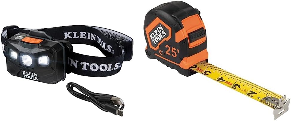 Klein Tools 56048 Rechargeable Auto-Off LED Headlamp & 9225 Tape Measure, Heavy-Duty Measuring Tape with 25-Foot Double-Hook Double-Sided Nylon Reinforced Blade, with Metal Belt Clip