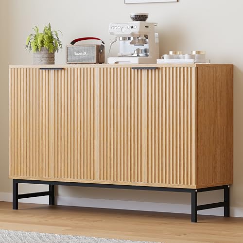 Image of Luoxiao Buffet Sideboard with 4 Fluted Doors, 47" Modern Credenza Accent Cabinet with Adjustable Shelves, Console Table & Solid Legs, Coffee Bar Cabinet for Living Room, Hallway Natural Oak