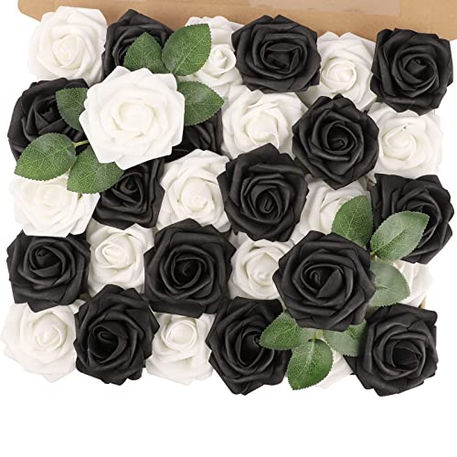 MACTING 30PCS Artificial Flower Roses Black and White Fake Flowers with Stem Real Touch Foam Roses for Wedding Kissing Ball Corsage Party Baby Shower Home Christmas Decorations