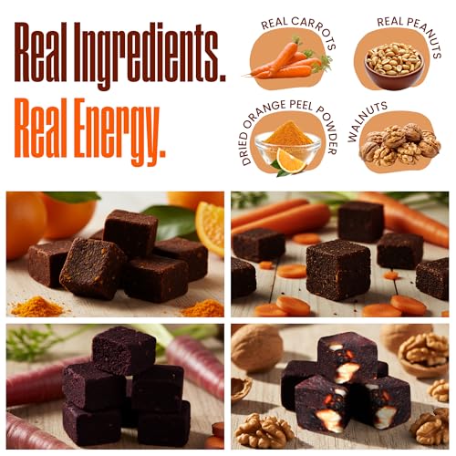 Image of PEPCUBES Carrot Snack Bites Variety Pack (8 Pack, 2 Packs Per Flavor), Walnut, Peanut, Orange & Vegan from Purple Carrot, Soft Chewy, Real Ingredients, Naturally Sweetened, High Fiber, Steady Energy, Gluten Free, Dairy Free, Low Calorie, Plant Based, Gut-Friendly | 8 ct, 1.06 oz each