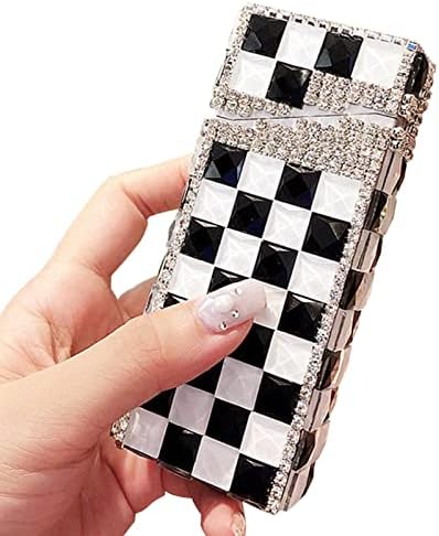 HQPCAHL Aluminum Cigarette Case, Slim 100mm King Size 20 Cigarettes Cigarette Box, Rhinestones, Cute, Glitter, Sunlight, Hand Made Cigarette Case for Women,11.4x5x2.4CM,E
