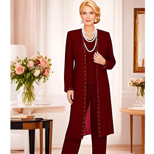 3 PC Mother of The Bride Pants Suits for Wedding Chiffon Beaded Wedding Guest Outfit for Women4
