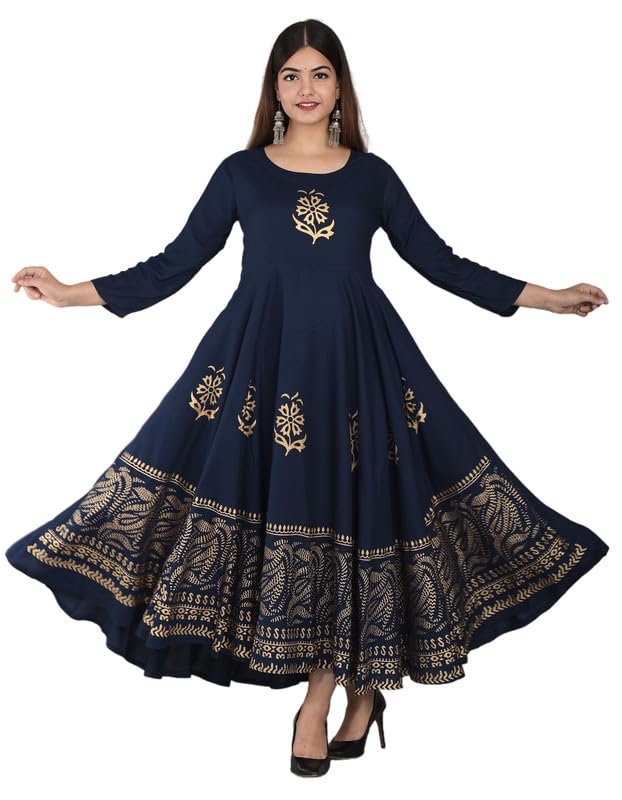 Lee Teal Blue Round Neck Gold Geometric Printed Anarkali Kurti for Women in blue