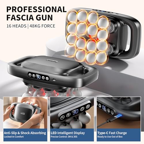Image of 16 Head Massage Gun, 2026 Upgrade Deep Tissue Massager with 48KG Force, 3 Modes & 30 Intensities, Portable and Quiet Percussion Gun for Neck, Back, Legs, Waist, Buttocks Muscle Pain Relief
