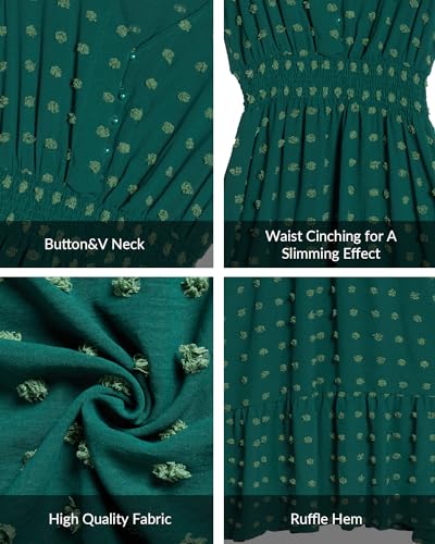 Image of Women Maxi Dresses Boho V Neck Swiss Dot Ruffle Summer Short Sleeve High Waist Tiered Flowy Smocked Cocktail Dresses