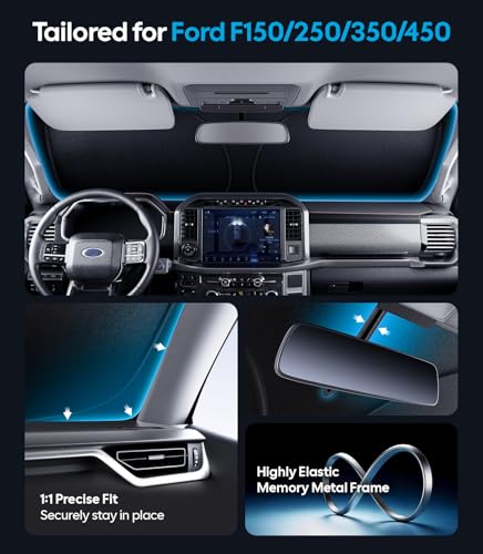 Image of Wigoo for Ford F150 /250 /350 /450 Windshield Sunshade [OEM Design, 100% Sun Blockage] Foldable Heat Insulation Sun Shade with Storage Bag, for Ford F150 /250 /350 /450 (2015-2026), Silver Coating