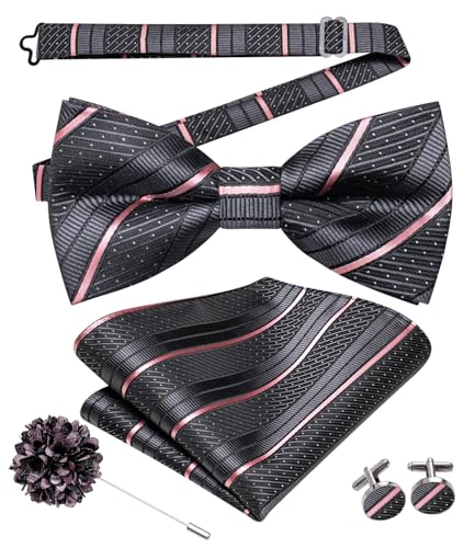 Image of Hi-Tie Bow Ties for Men Pre-Tied Pocket Square with Cufflinks Mens Bowtie Sets for Wedding Formal Party