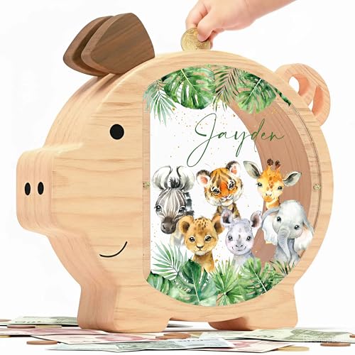 Image of Personalized Piggy Bank, Wooden Money Banks for Kids, Custom Gifts for Boys and Girls, Personalized Piggy Bank for Girls (DK08 Safari)