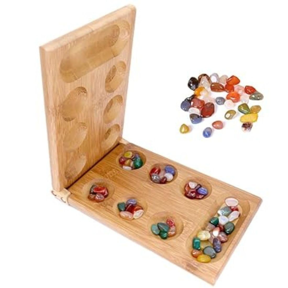 Little Mind Wooden Mancala Board Game with Colorful Stones | Traditional Strategy Counting Game | Brain Training, Math Learning, Family Board Game for Kids & Adults 4+-image-14