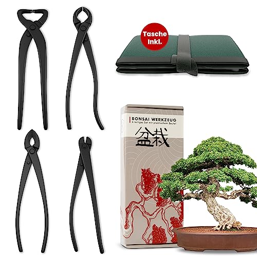 Bonsai Werkzeug-Set Profi 4-teilig aus Stahl mit praktischer Aufbewahrungstasche - Traditionelles Bonsai Werkzeug ideal für Drähte, Äste, Knospen & Wurzeln