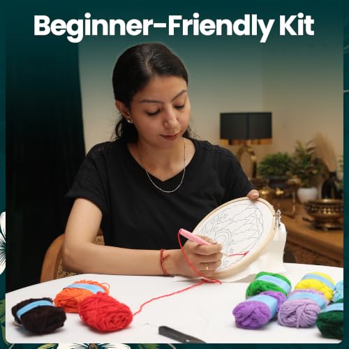 Image of picknMAKE Rainbow Forest Sunset Punch Needle Kit for Beginners | DIY Punch Needle Embroidery Kit with 8 Inch Wooden Hoop, Pre-Printed Fabric, 9 Wool Yarn Colours | Craft Kit for Adults & Gift