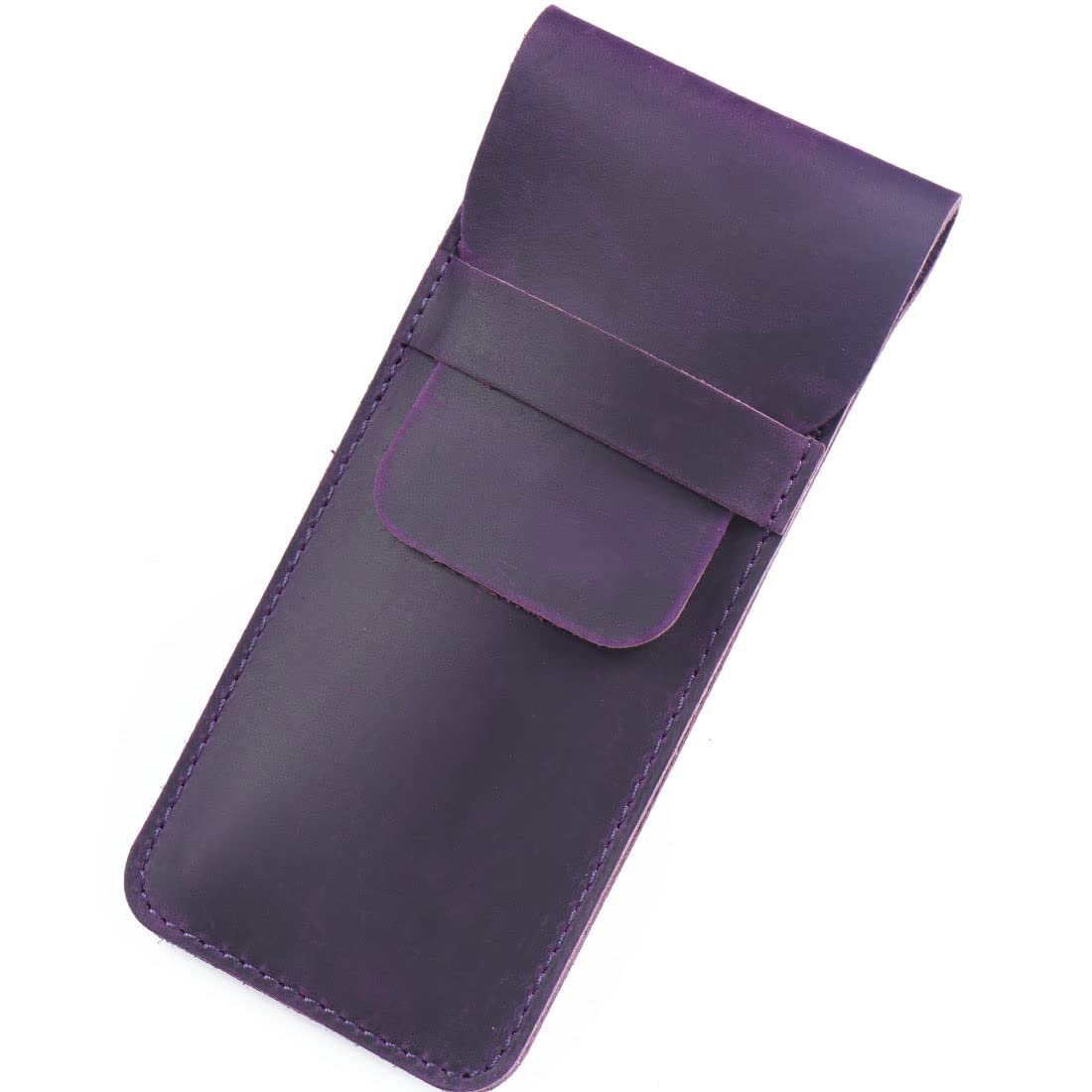 Leather Pen and Pencil Case with Tuck in Flap, Crazy Horse Pen Holder for Stationery, Purple (L)