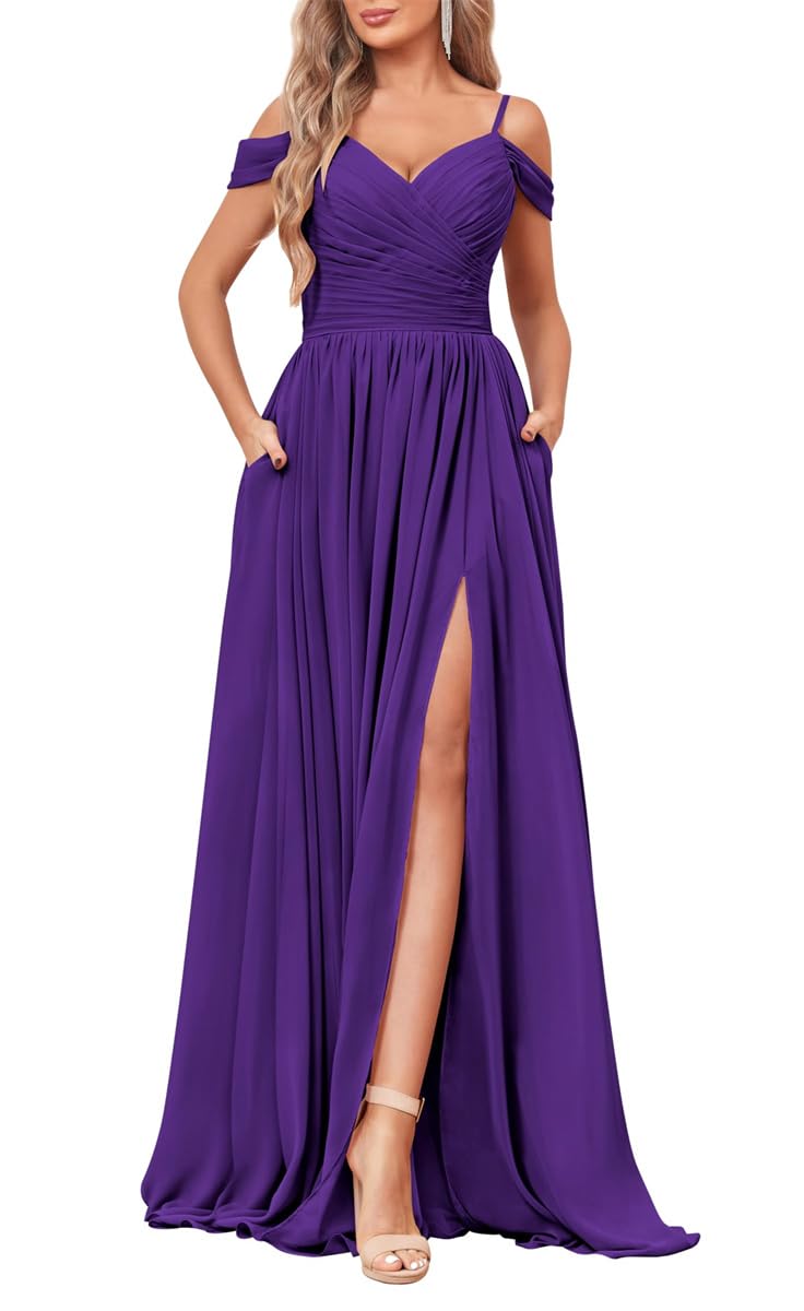 YIANN Women's Cold Shoulder Dress Modest Bridesmaid Dress with Pockets Wrap Slit Long Formal Dress Purple UK22