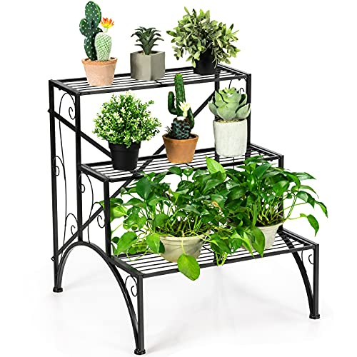 COSTWAY Etagère Plante en Métal avec 3 Niveaux Support Décoratif pour Plantes 61 cm x 61,5 cm x 69 cm Pieds Antidérapants Charge 20kg pour Jardin Balcon Terrasse