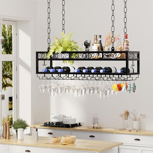 DFENG Estantería de techo para vino, altura ajustable, con soporte de cristal, cadena de hierro, ajustable de 2 capas, estilo industrial, para bares, restaurantes, cocinas, cafeterías
