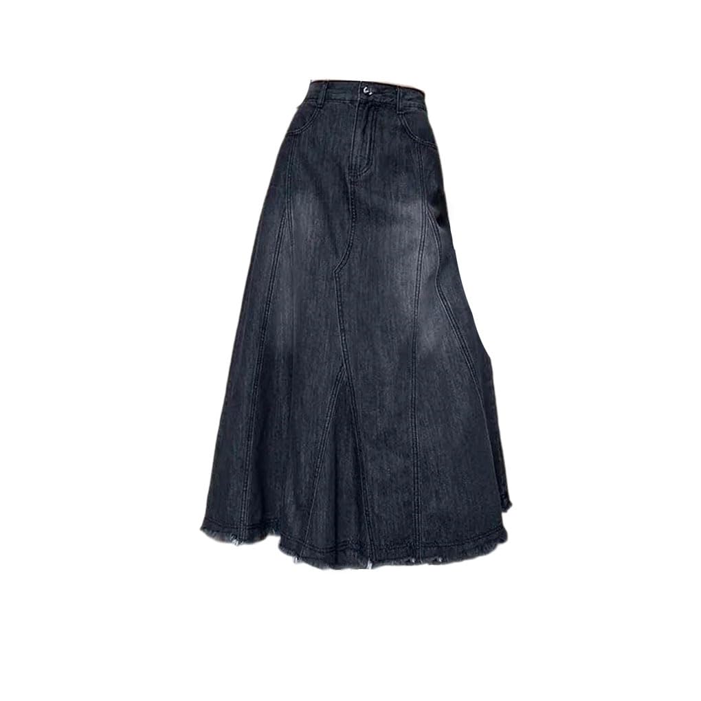 Retro Black Tassel Denim Long Skirt Back Elastic Waist Plus Size Women Chic Denim Skirts